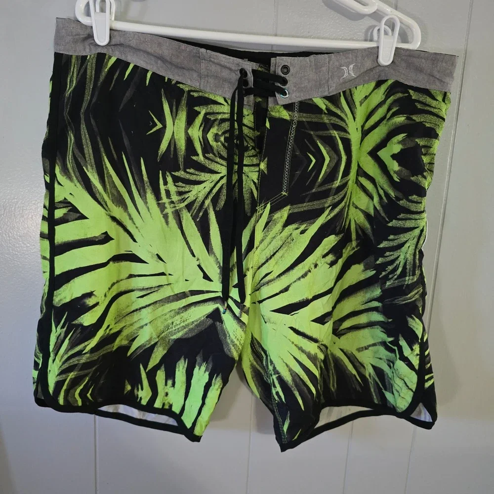 Hurley Board‎ Shorts Mens 36 Neon Green Black Palm Leaf Print Swim Trunks